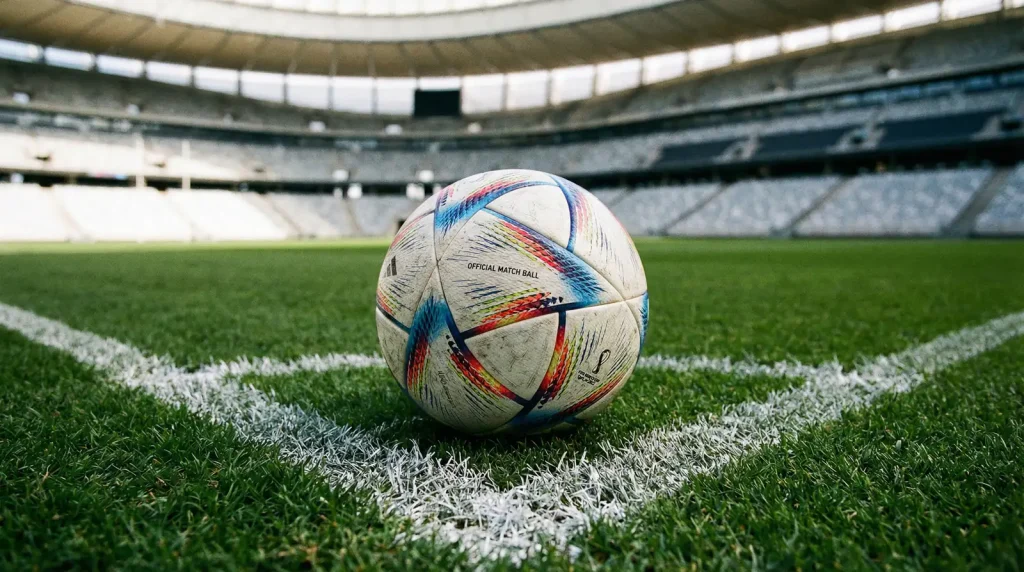 Close-up of a football on a marked penalty spot inside an empty stadium before kick-off