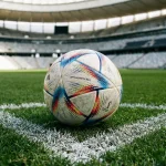 Close-up of a football on a marked penalty spot inside an empty stadium before kick-off