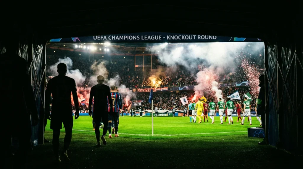 Football players emerging from a tunnel into a packed stadium under bright lights for a knockout round match