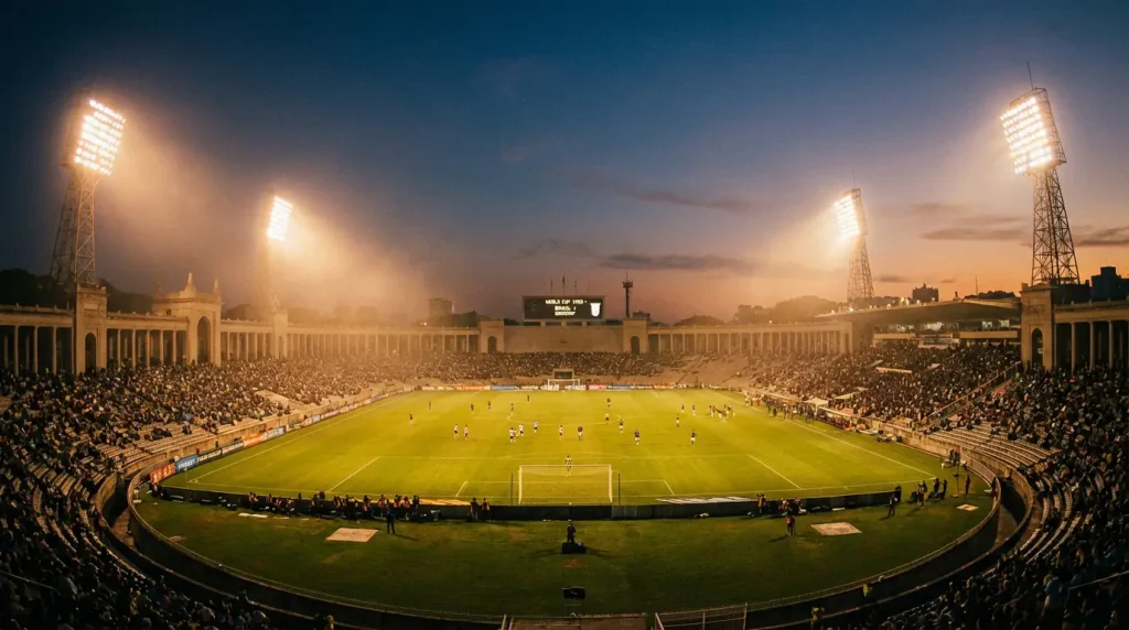 Historic football stadium with floodlights illuminating the pitch before an international tournament match