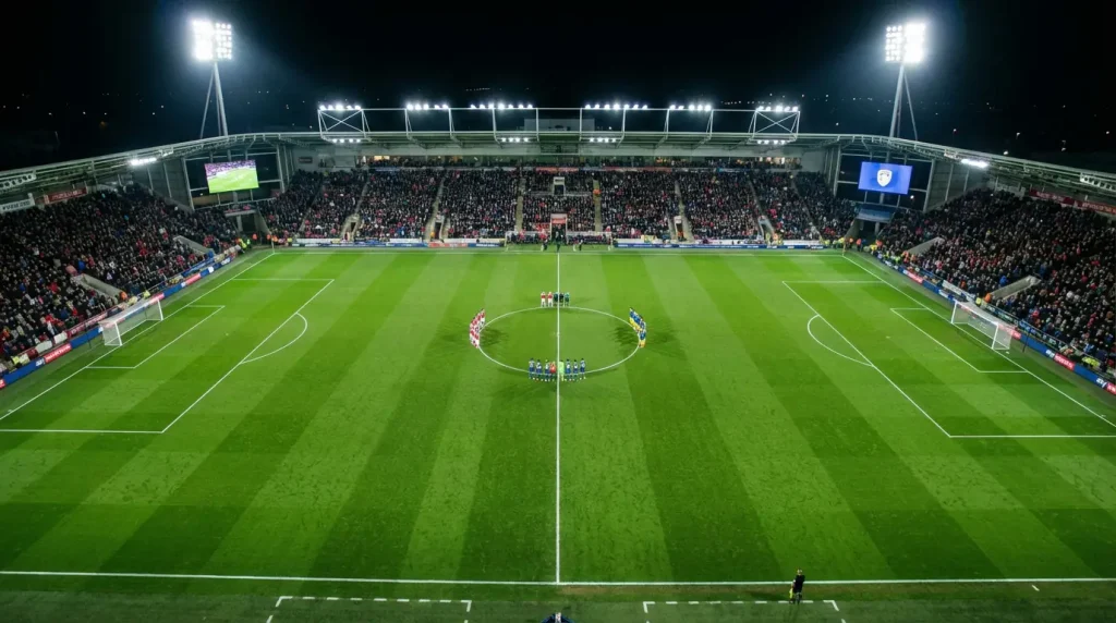 Aerial view of a professional football pitch with players positioned for kick-off under floodlights