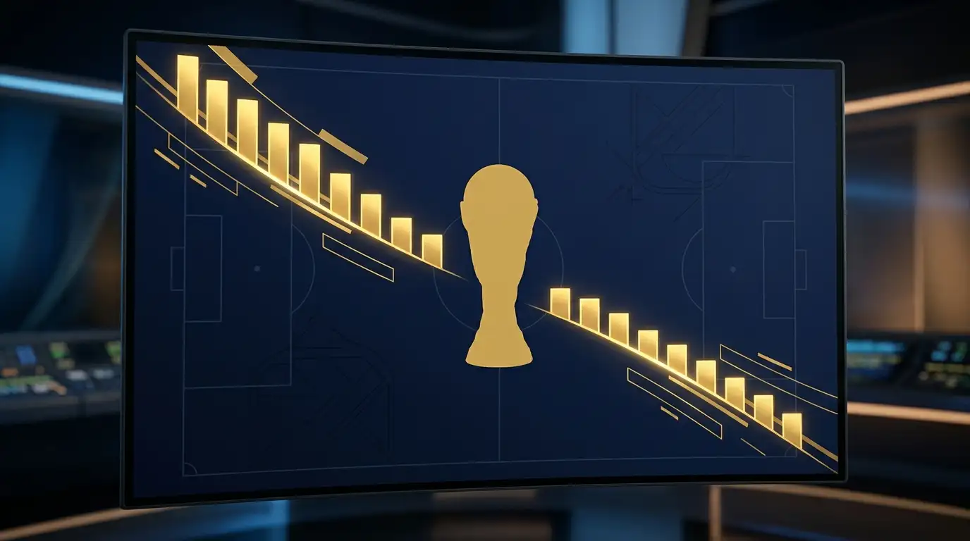 A golden World Cup trophy silhouette in front of a dark odds board with descending glowing bars