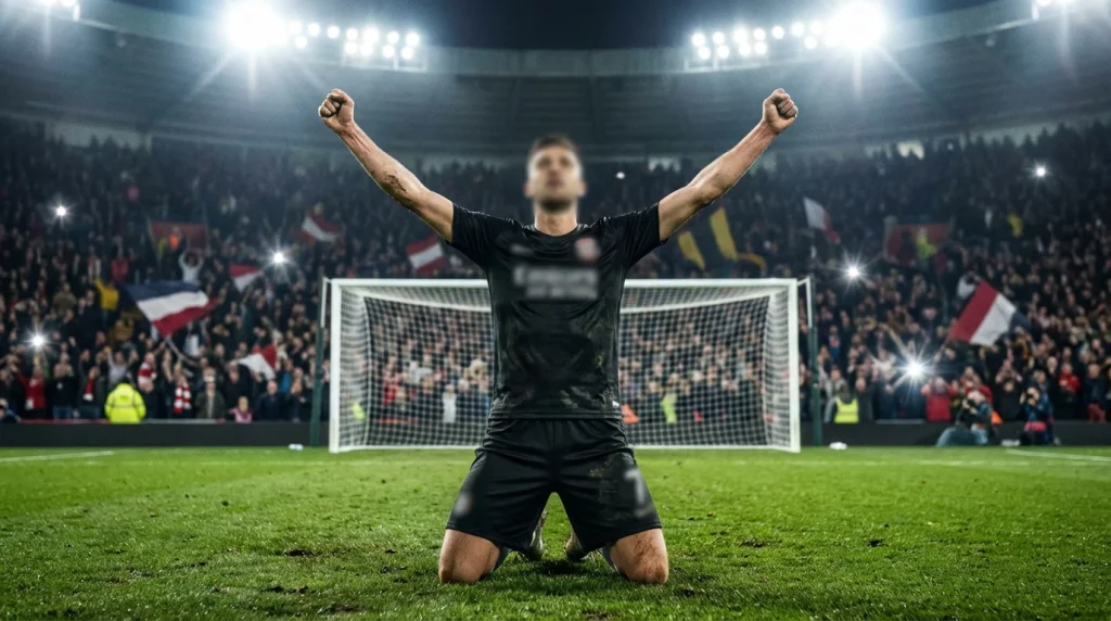 Football striker celebrating after scoring a goal with arms raised inside a full stadium