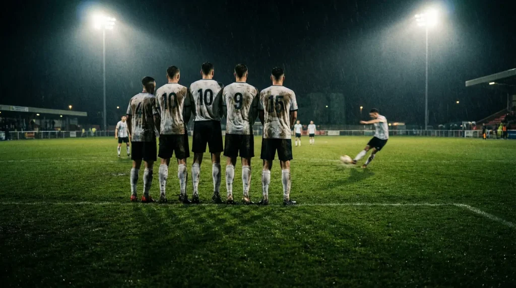Football players lined up for a free kick on the edge of the penalty area during a competitive match