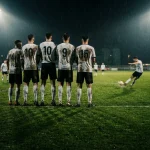 Football players lined up for a free kick on the edge of the penalty area during a competitive match