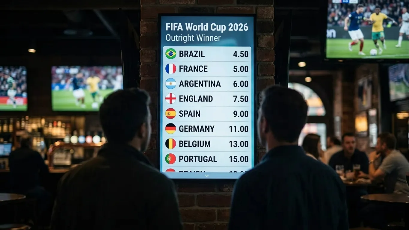 A digital bookmaker odds board on a wall showing decimal World Cup outright winner prices