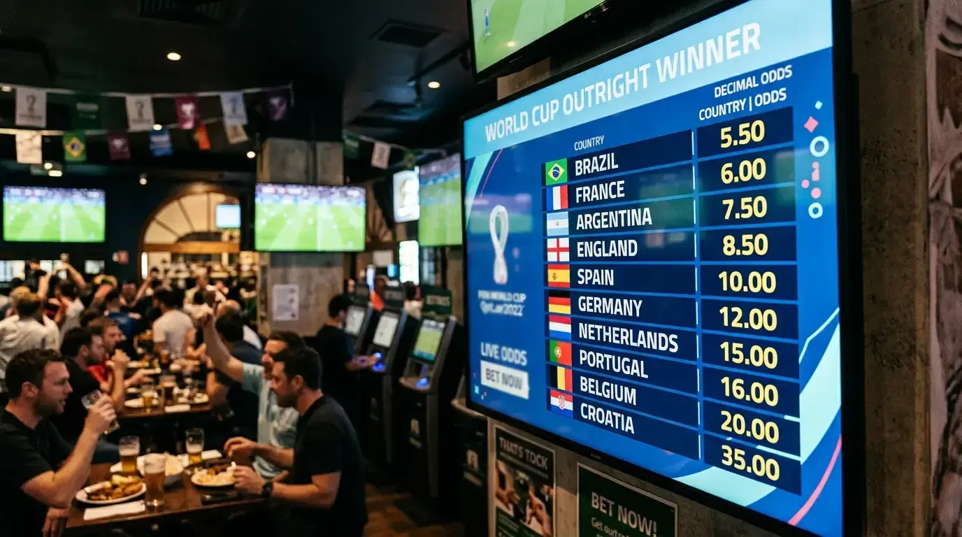 A digital bookmaker odds board showing decimal prices for World Cup outright winner markets